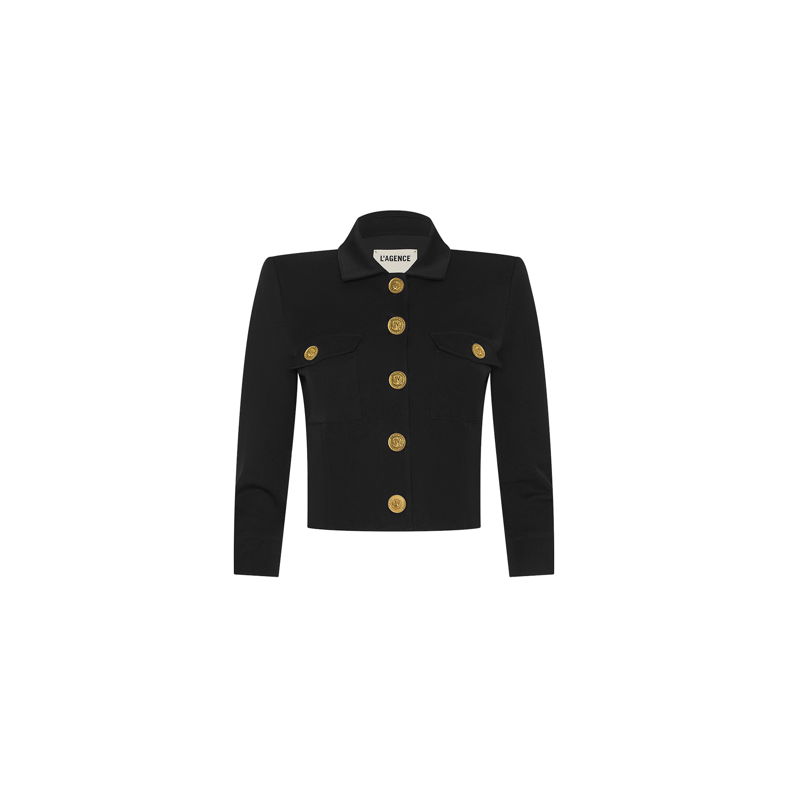 The Kumi Cropped Jacket is crafted from stretch suit fabric in black, featuring long sleeves, two front chest pockets, and five large gold buttons down the front. It includes a collar and a label inside the neck that reads LAURENCE.