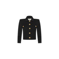 The Kumi Cropped Jacket is crafted from stretch suit fabric in black, featuring long sleeves, two front chest pockets, and five large gold buttons down the front. It includes a collar and a label inside the neck that reads LAURENCE.