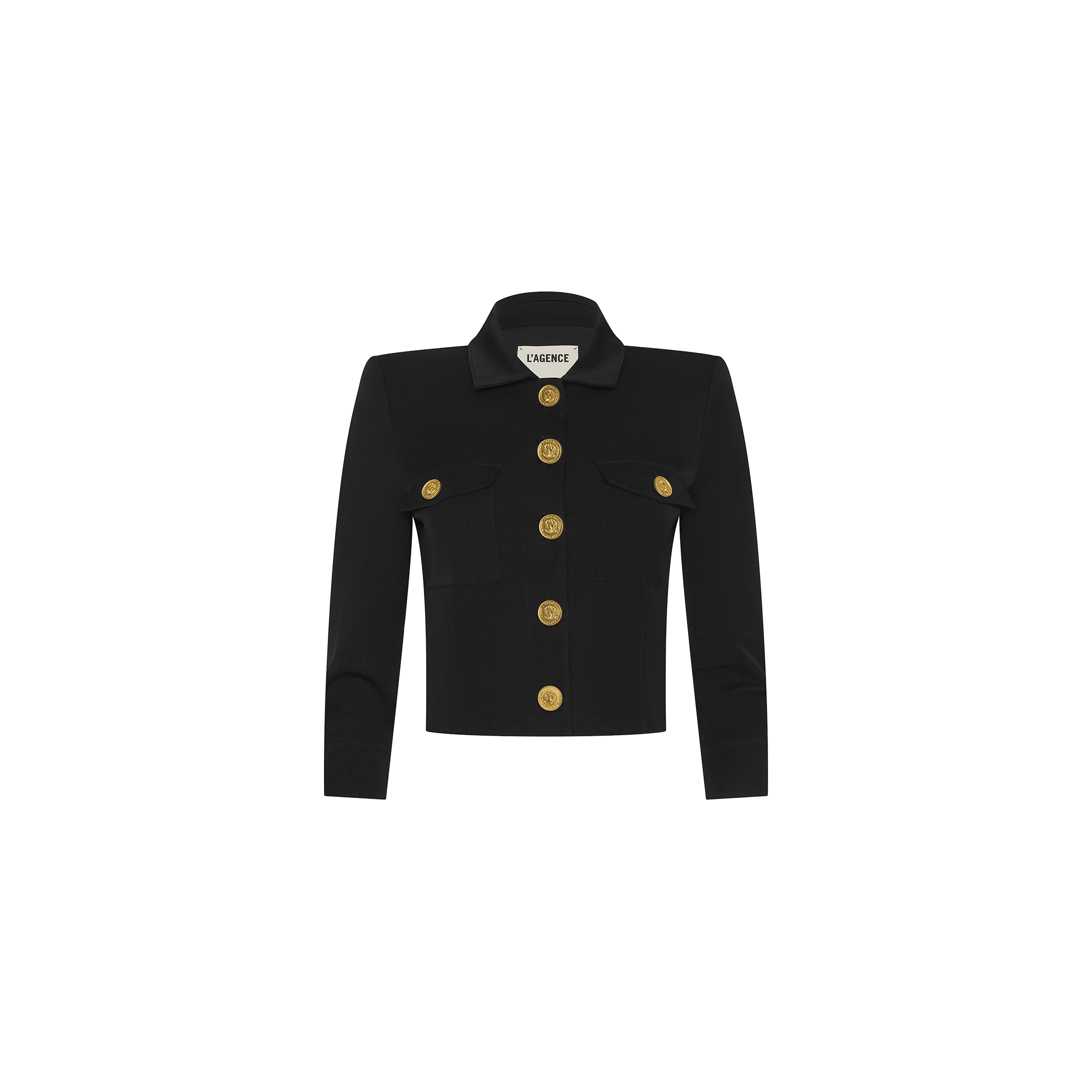 The Kumi Cropped Jacket is crafted from stretch suit fabric in black, featuring long sleeves, two front chest pockets, and five large gold buttons down the front. It includes a collar and a label inside the neck that reads LAURENCE.