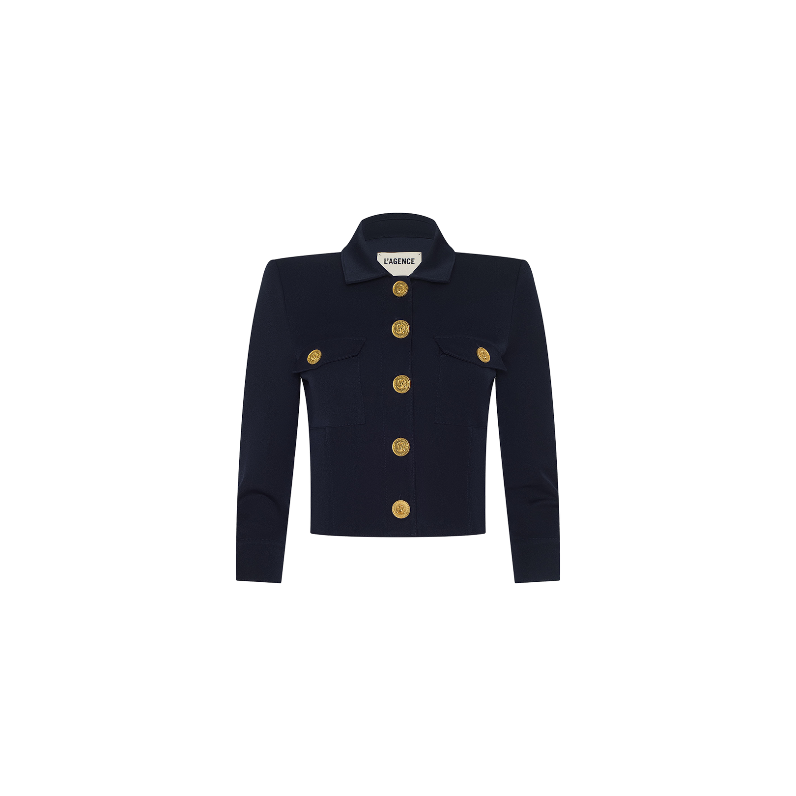 The Kumi Cropped Jacket is a midnight navy piece featuring long sleeves, two front pockets, and five large gold buttons down the front. Crafted from stretch suit fabric, it is showcased against a plain white background.