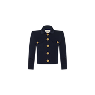 The Kumi Cropped Jacket is a midnight navy piece featuring long sleeves, two front pockets, and five large gold buttons down the front. Crafted from stretch suit fabric, it is showcased against a plain white background.