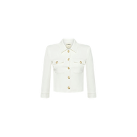 Introducing the Kumi Cropped Jacket—a white jacket crafted from stretch-suiting fabrication, designed with gold embossed dome buttons down the front, long sleeves, and two chest pockets. Displayed on a plain white background.