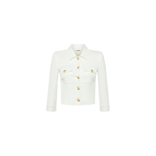 The Kumi Cropped Jacket is a white stretch suiting piece featuring long sleeves, two front pockets, gold buttons, and a classic collar, displayed on a plain white background.