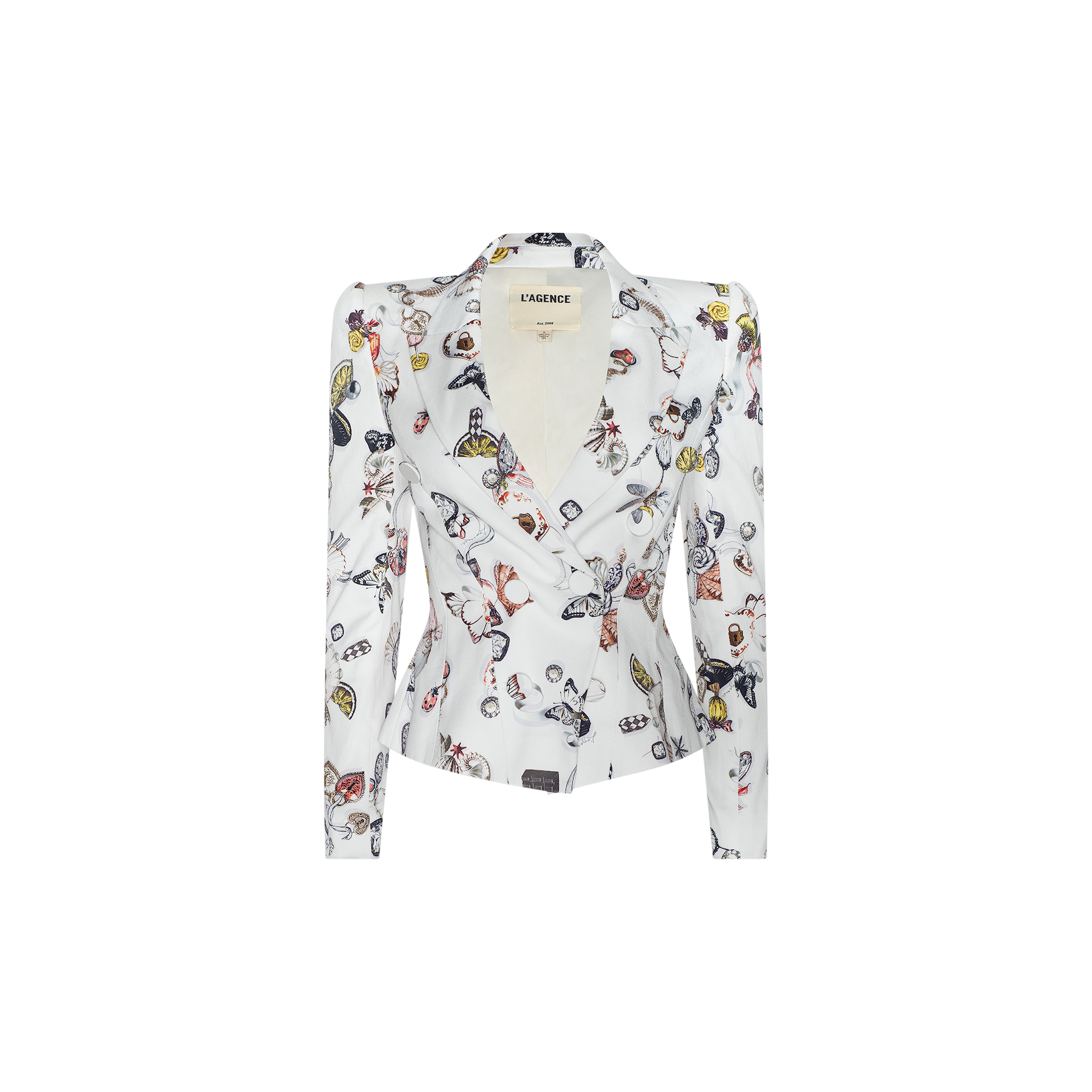 The Bethany Structured Blazer is a white women’s blazer featuring a tailored fit with a sculpted silhouette, lapel collar, and long sleeves, beautifully adorned with colorful butterflies and insects on a plain background.