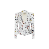 The Bethany Structured Blazer is a white women’s blazer featuring a tailored fit with a sculpted silhouette, lapel collar, and long sleeves, beautifully adorned with colorful butterflies and insects on a plain background.