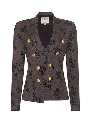 The Bethany Flocked Herringbone Blazer by L'AGENCE is a tailored, double-breasted women’s blazer in dark gray with a black floral pattern, six gold buttons, sculpted silhouette, deep V neckline, and structured shoulders for a modern look.