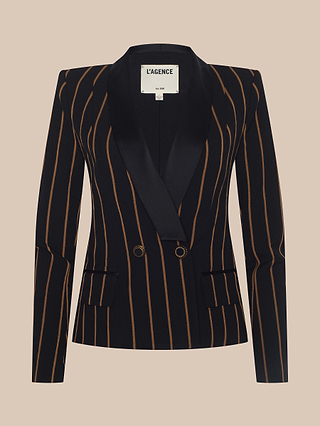 Imogen Satin Lapel Blazer: A black double-breasted blazer with brown vertical stripes, crafted from luxurious Italian twill, featuring black satin lapels, gold button closure, and flap pockets, displayed on a neutral background.
