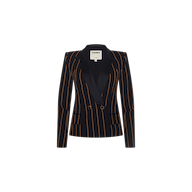 The Imogen Satin Lapel Blazer is a black double-breasted blazer with tan vertical stripes, satin lapels, and two front pockets, displayed against a plain white background.