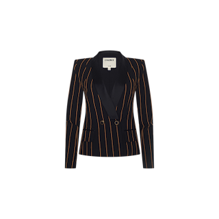 The Imogen Satin Lapel Blazer is a black double-breasted blazer with tan vertical stripes, featuring peaked satin lapels and front buttons. Crafted from fine Italian twill fabric, it includes flap pockets and structured shoulders, and is presented against a plain white background.