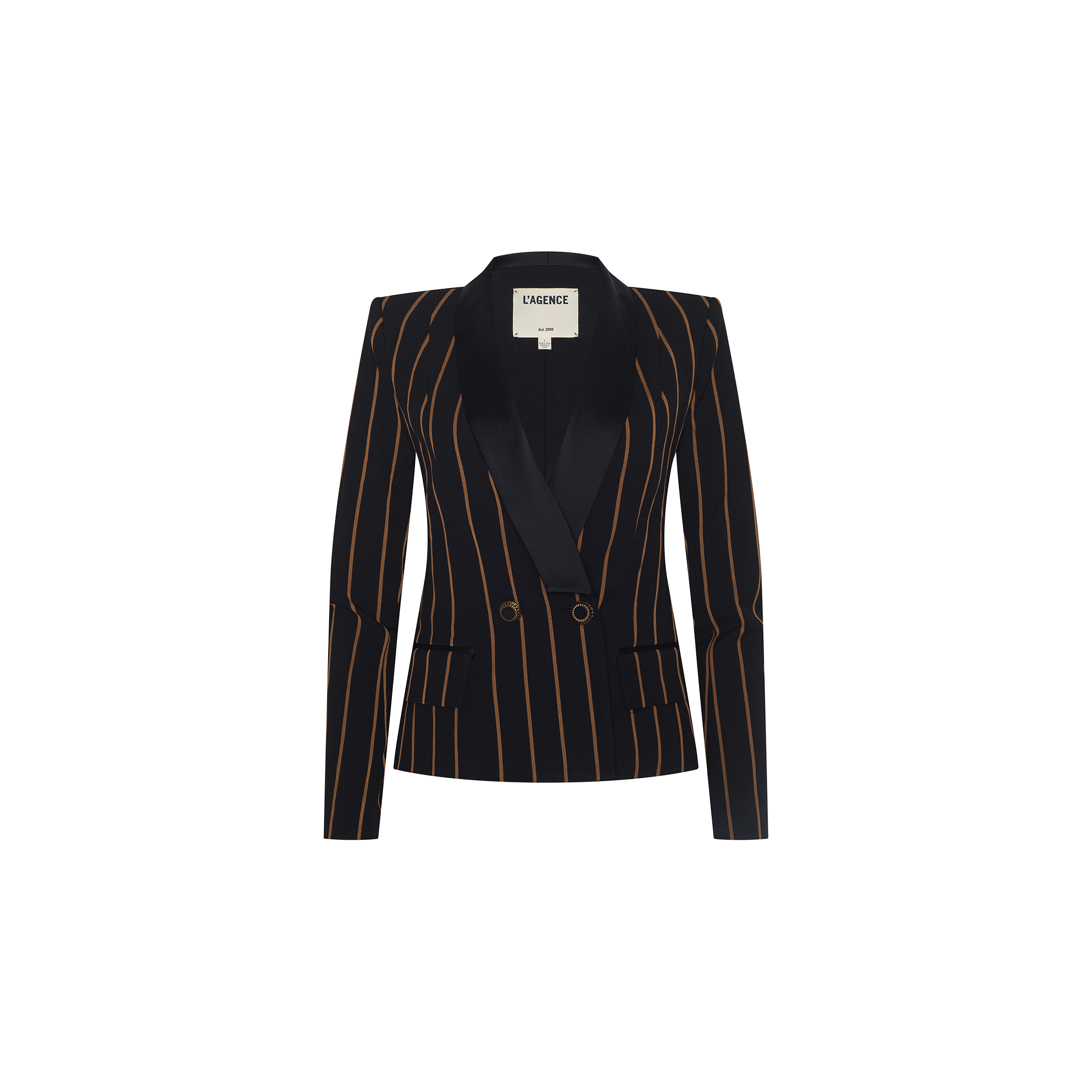 The Imogen Satin Lapel Blazer is a black double-breasted blazer with tan vertical stripes, satin lapels, and two front pockets, displayed against a plain white background.