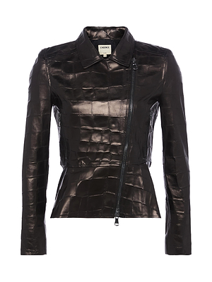 The Lyric Leather Peplum Jacket by L'AGENCE is a black, long-sleeve, croc-embossed leather jacket with an asymmetrical front zipper, fitted waist, collar, and glossy finish for a bold statement look.