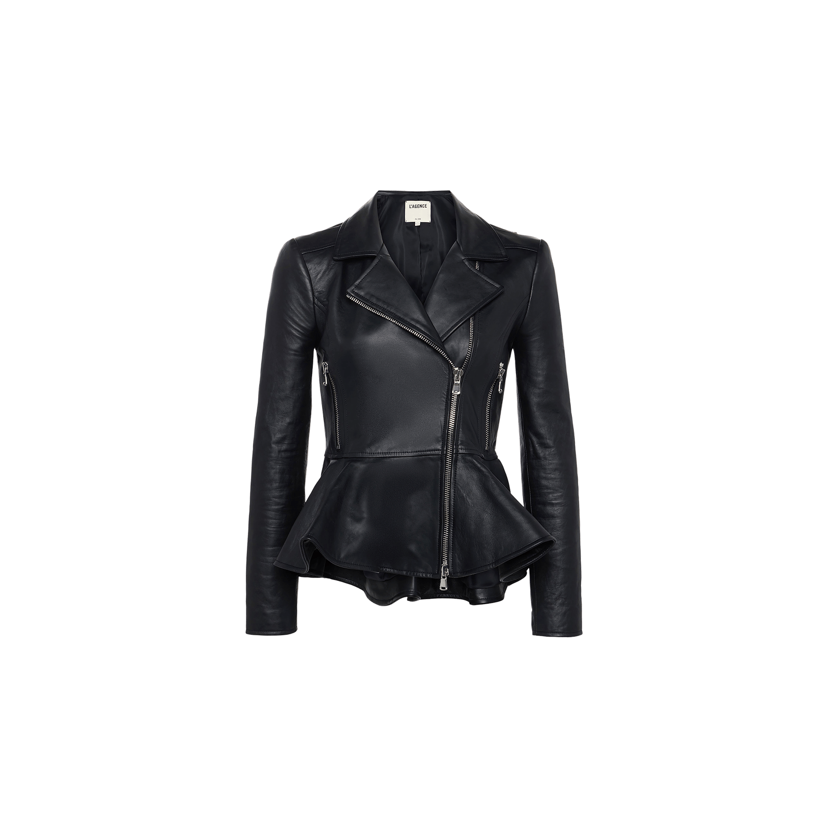 The Lyric Leather Peplum Jacket, crafted from black lambskin leather, features an asymmetrical front zipper, wide lapels, fitted sleeves, and a distinctive peplum hem detail. It is displayed against a plain white background.