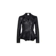 The Lyric Leather Peplum Jacket, crafted from black lambskin leather, features an asymmetrical front zipper, wide lapels, fitted sleeves, and a distinctive peplum hem detail. It is displayed against a plain white background.