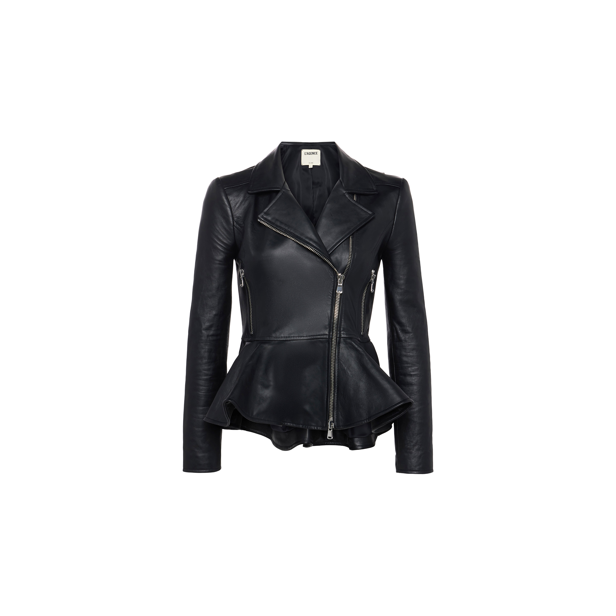The Lyric Leather Peplum Jacket, crafted from black lambskin leather, features an asymmetrical front zipper, wide lapels, fitted sleeves, and a distinctive peplum hem detail. It is displayed against a plain white background.
