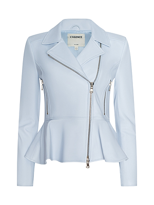 The Lyric Peplum Biker Jacket is crafted from light blue lambskin leather and features long sleeves, silver zippers, a wide lapel collar, asymmetrical front zip, peplum hem, and vertical zippered pockets on each side.