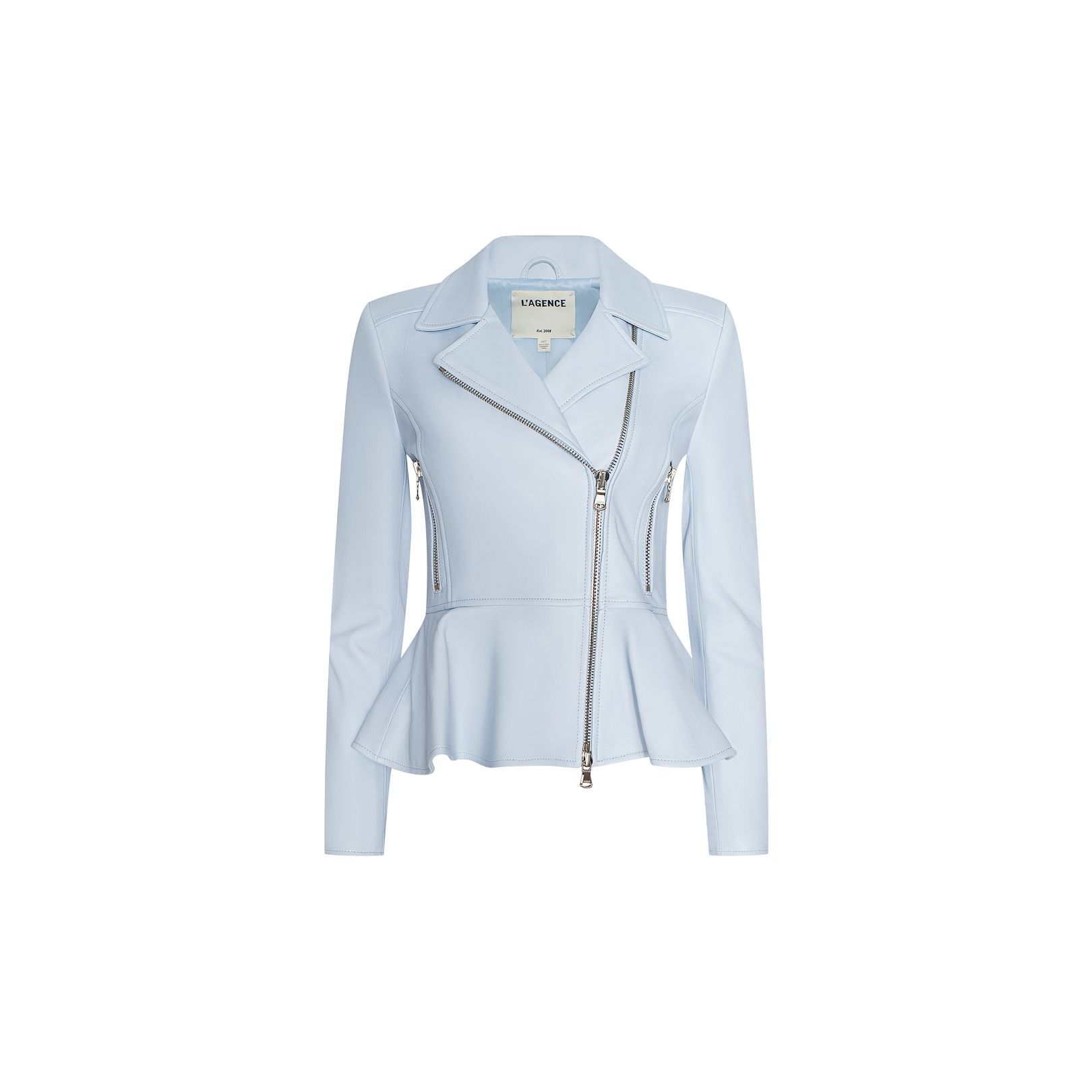 Lyric Peplum Biker Jacket in light blue lambskin featuring an asymmetrical front zipper, long sleeves, lapel collar, and a fitted waist, displayed on a plain white background.