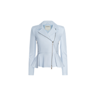 Lyric Peplum Biker Jacket in light blue lambskin featuring an asymmetrical front zipper, long sleeves, lapel collar, and a fitted waist, displayed on a plain white background.