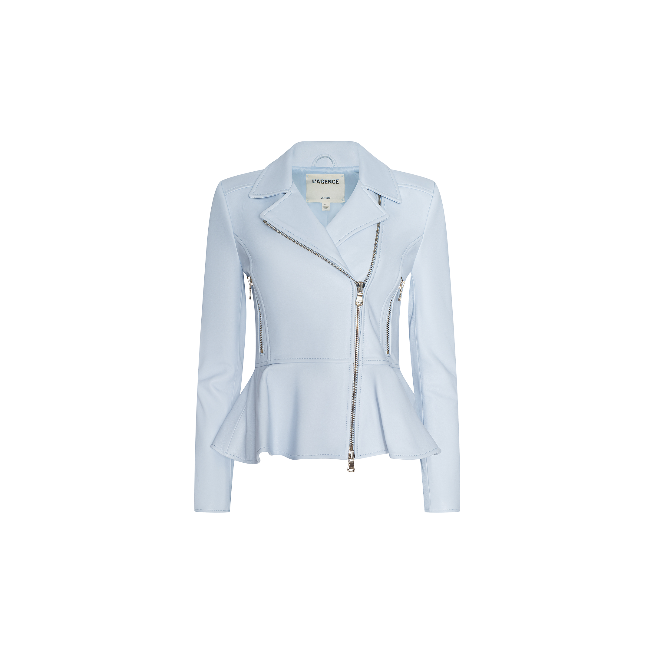 Lyric Peplum Biker Jacket in light blue lambskin featuring an asymmetrical front zipper, long sleeves, lapel collar, and a fitted waist, displayed on a plain white background.