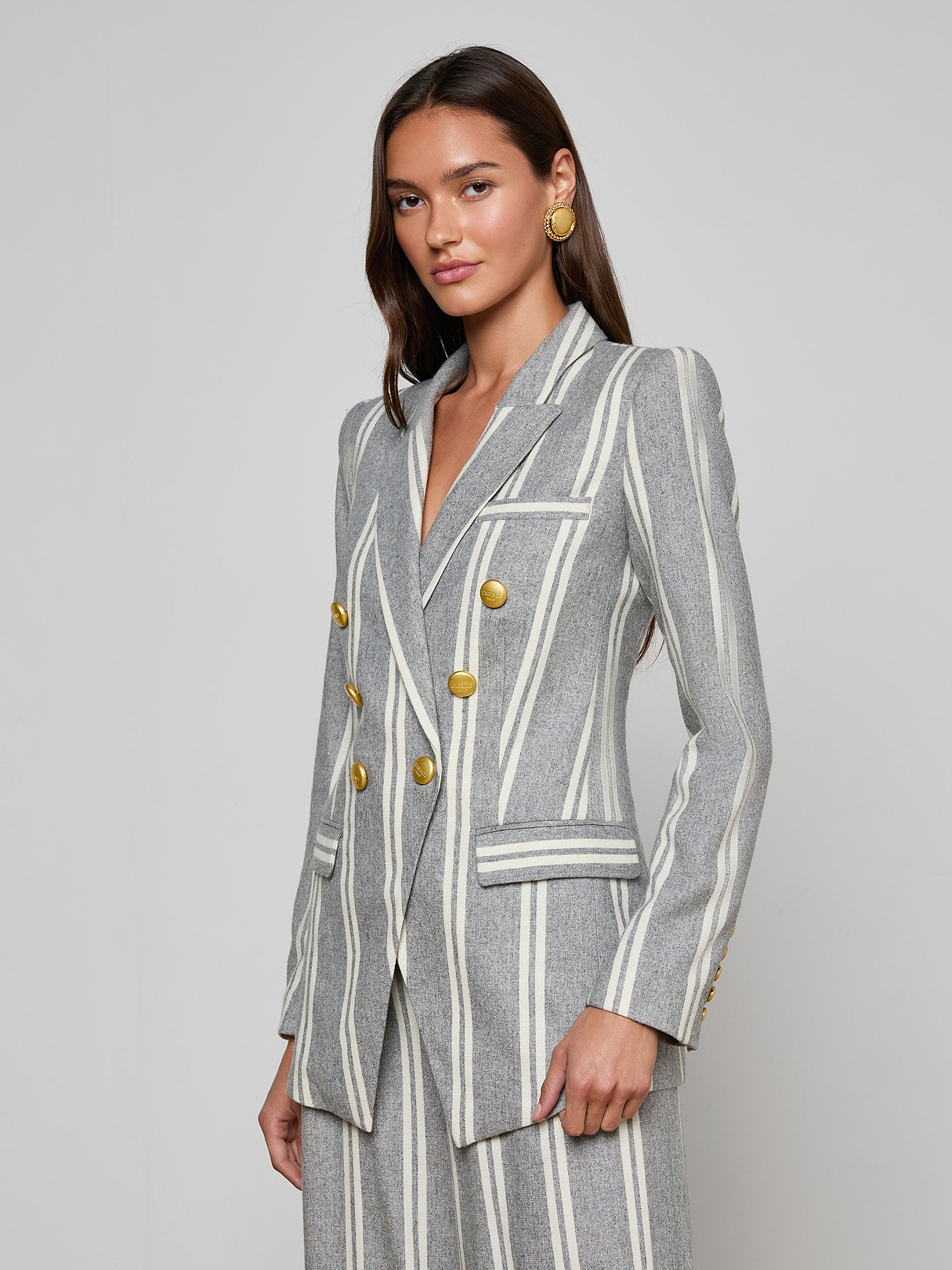 Kendi Longline Blazer in Grey/Ivory Stripe | L'AGENCE