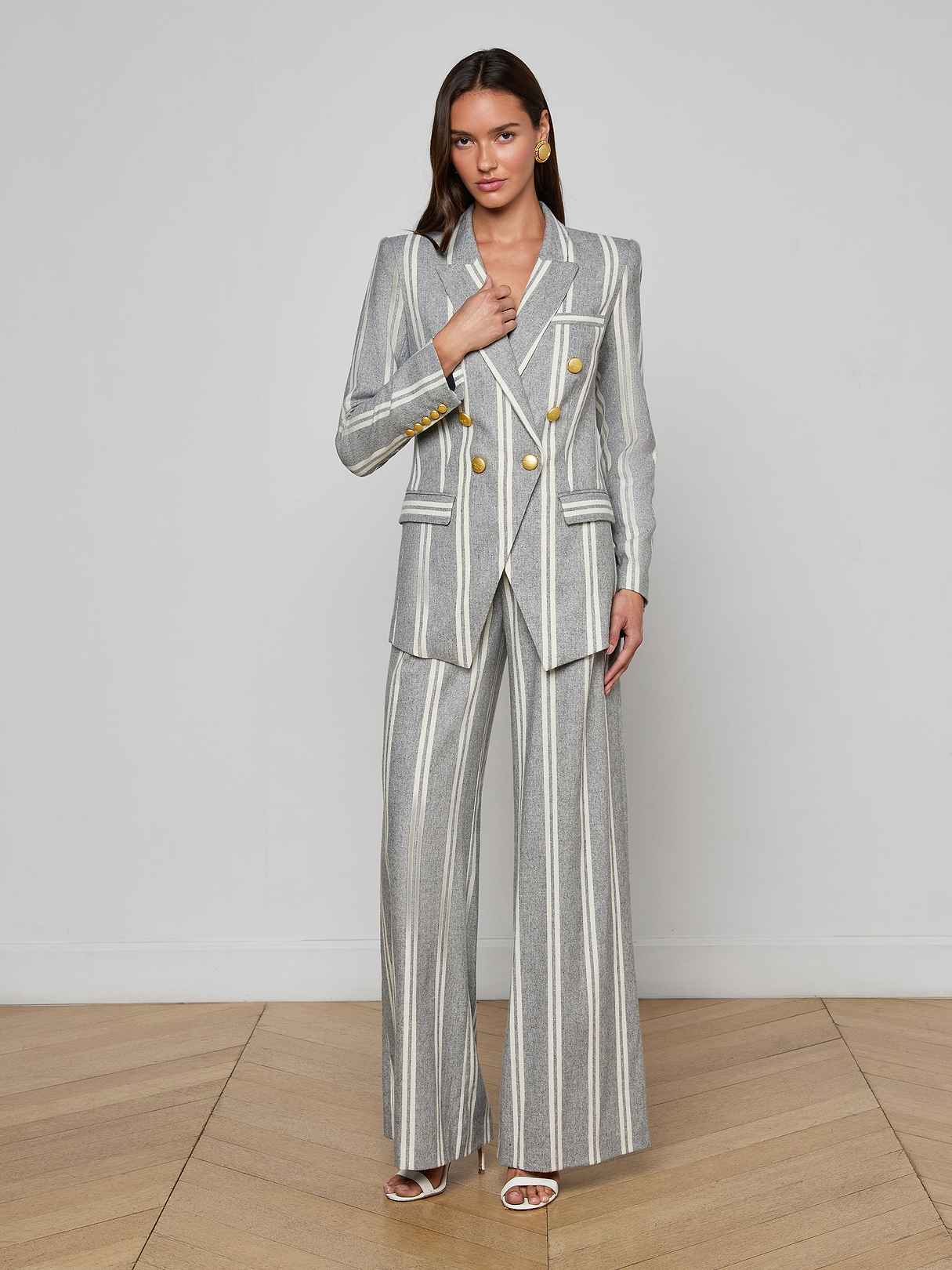 Kendi Longline Blazer in Grey/Ivory Stripe | L'AGENCE