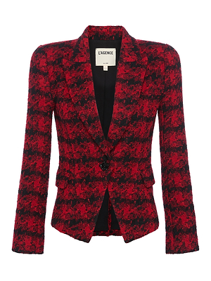 The Kaisley Tweed Blazer by L'AGENCE is a red and black houndstooth Italian tweed blazer with a notched lapel, single black button, and two front pockets. This slim fit style is shown on a plain white background.