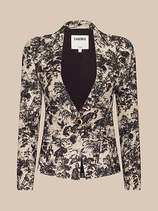 A tailored Kaisley Blazer from L’AGENCE, featuring a black and beige antique-inspired print, long sleeves, a single front button closure, and black lapel lining.