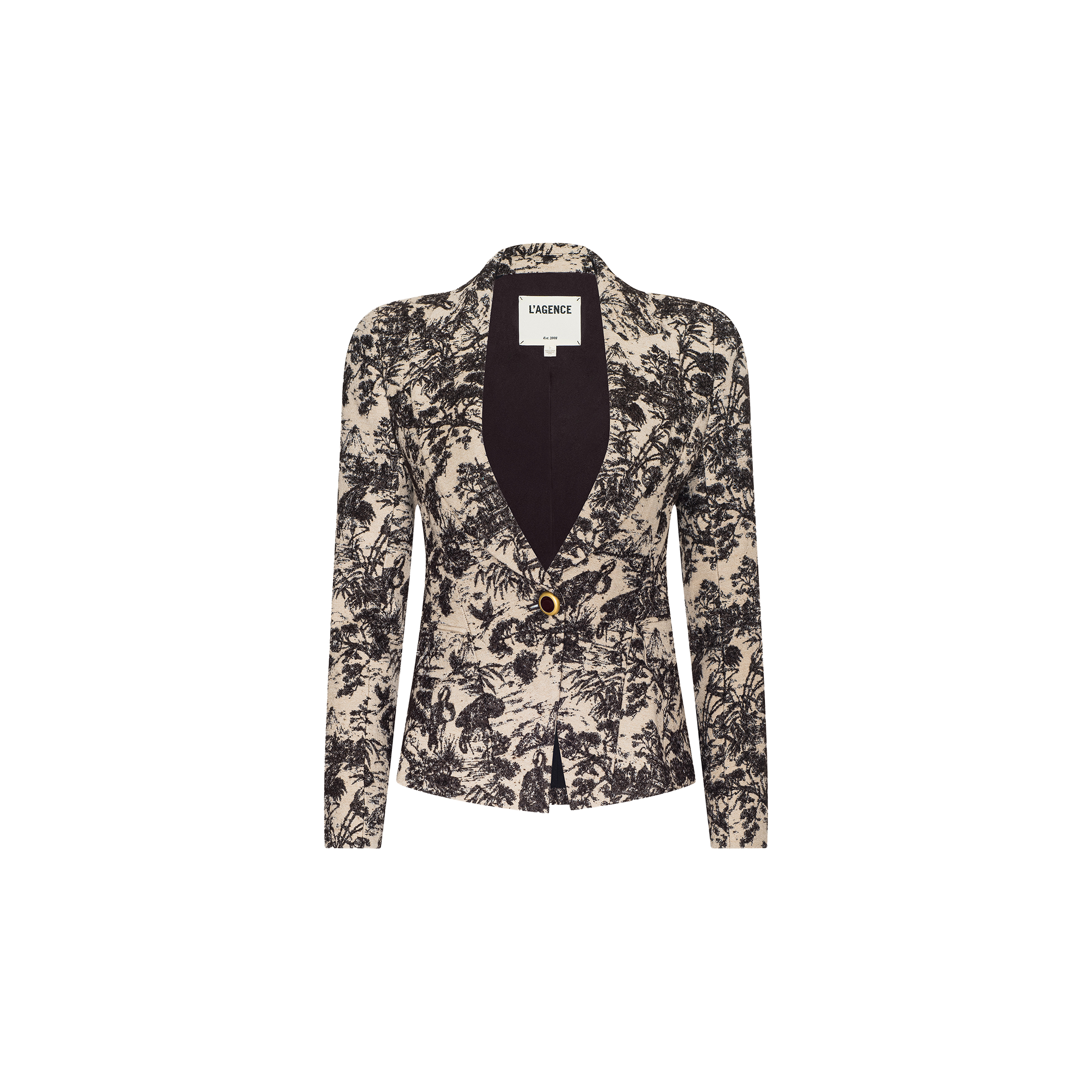 A fitted Kaisley Blazer showcasing an antique-inspired black and cream toile pattern, designed with a deep V-neckline, single front button closure, and long sleeves. The inside collar label reads LAURENCE.