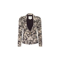 A fitted Kaisley Blazer showcasing an antique-inspired black and cream toile pattern, designed with a deep V-neckline, single front button closure, and long sleeves. The inside collar label reads LAURENCE.