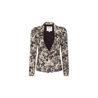 Cream and black Kaisley Blazer with an antique-inspired print, deep V-neckline, notched lapels, single-button closure, and a fitted silhouette, shown against a plain white background.