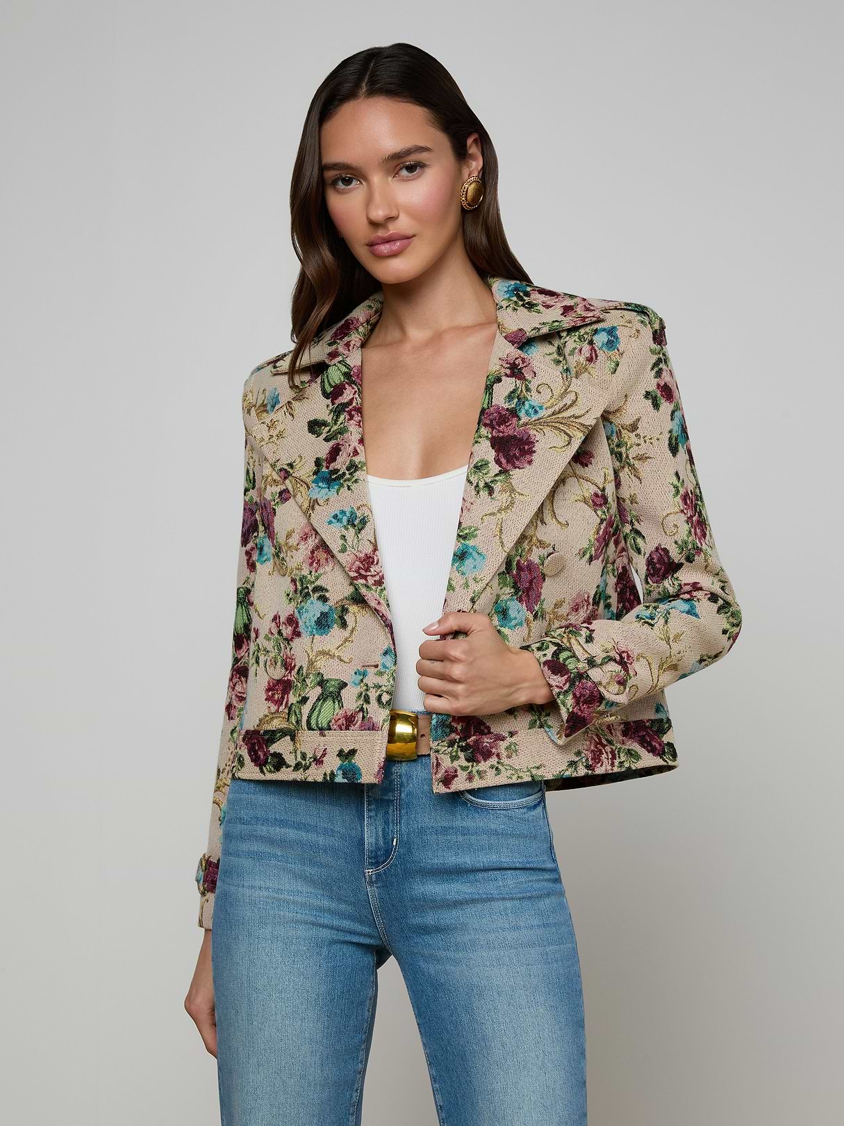 Xoey Cropped Trench Coat in Multi Floral Tapestry | L'AGENCE