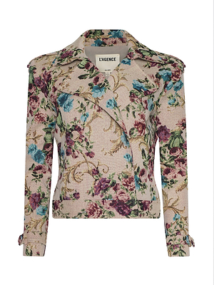 The Xoey Cropped Trench Coat is a floral tapestry jacket with long sleeves, showcasing blue, green, and burgundy hues on beige. A visible LAGENCE label inside the collar adds a vintage romantic flair.
