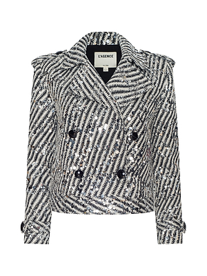 Black and white patterned jacket with sequin embellishments on a white background