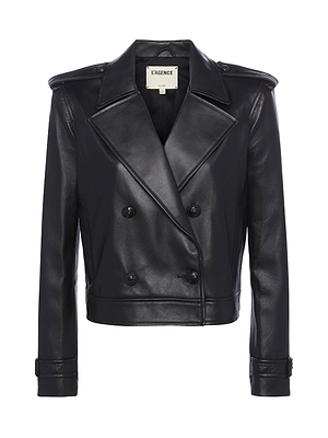 The Xoey Cropped Leather Trench Coat is a black, double-breasted Italian lambskin jacket with wide lapels, front buttons, long sleeves, and shoulder epaulettes, shown on a white background.