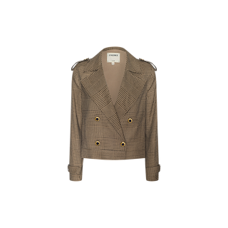 The Xoey Cropped Trench Coat is a brown plaid double-breasted blazer-style jacket, highlighted by gold buttons, epaulets on the shoulders, and buckled cuffs, displayed on a white background.