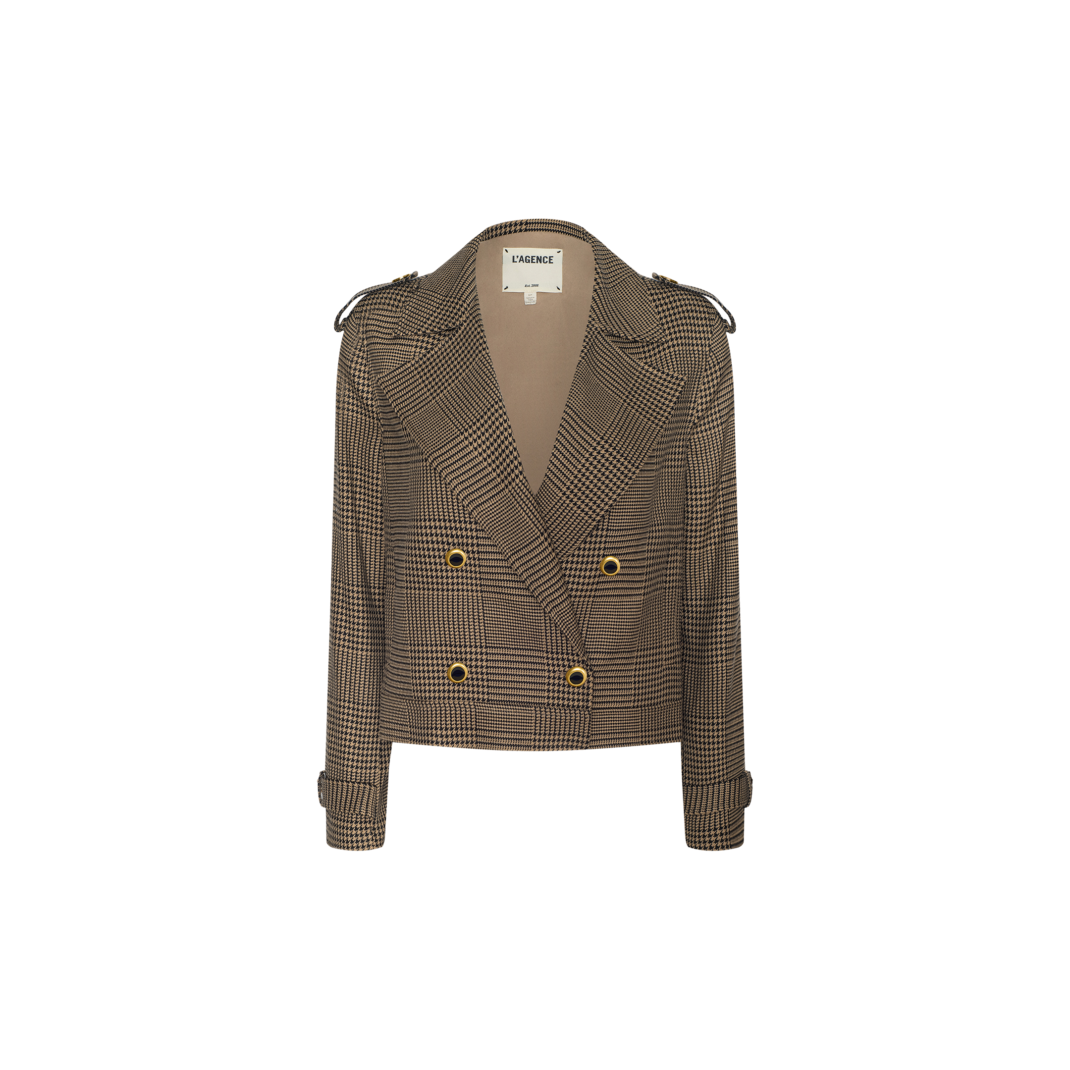 The Xoey Cropped Trench Coat features a brown plaid pattern, double-breasted front with gold buttons, wide lapels, shoulder epaulets, and buttoned sleeve cuffs. The coat is displayed against a plain white background.