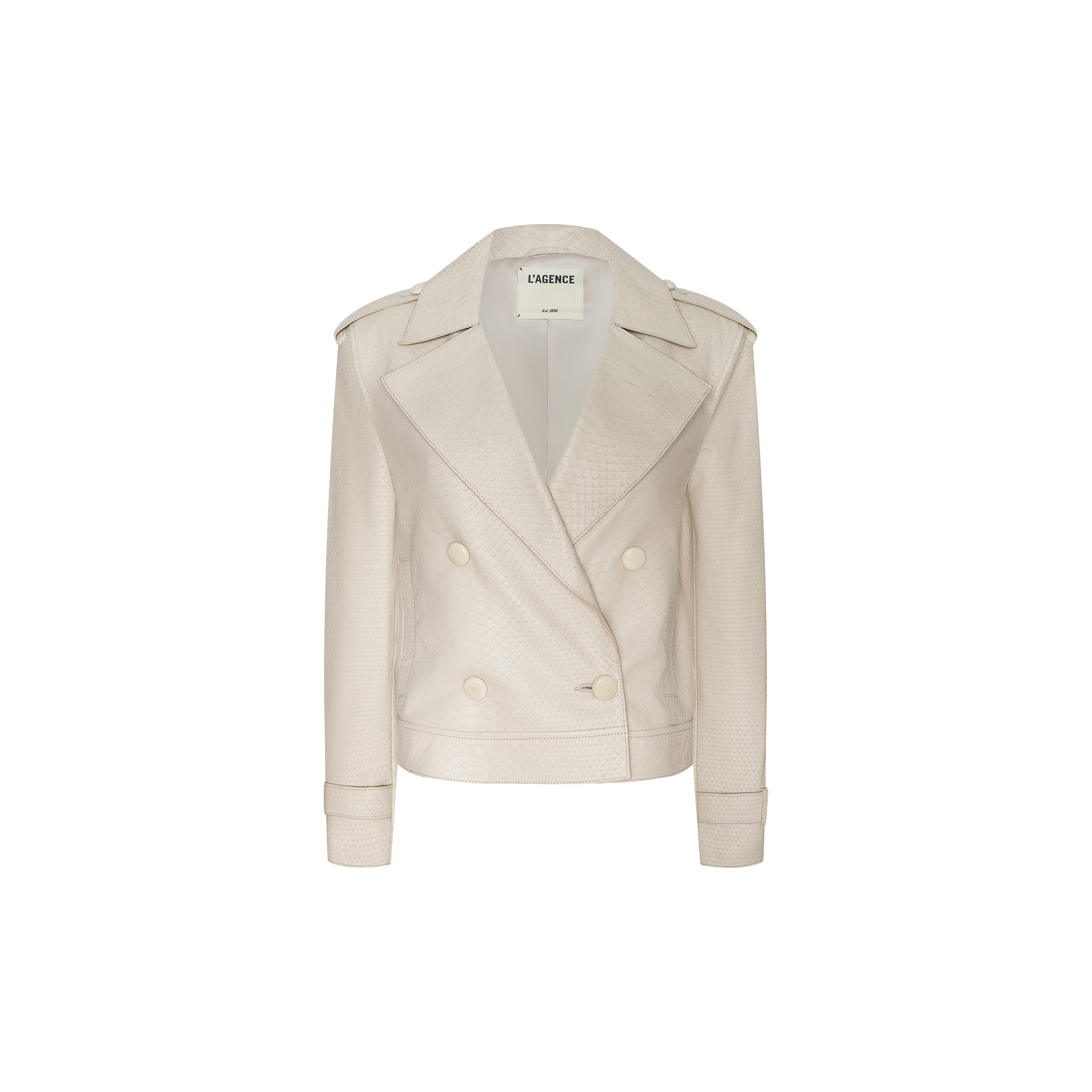 The Xoey Cropped Leather Trench Coat is cream-colored with a textured finish, featuring a wide collar, shoulder epaulets, and buttoned cuffs, and is displayed on a plain white background.
