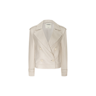 The Xoey Cropped Leather Trench Coat is cream-colored with a textured finish, featuring a wide collar, shoulder epaulets, and buttoned cuffs, and is displayed on a plain white background.