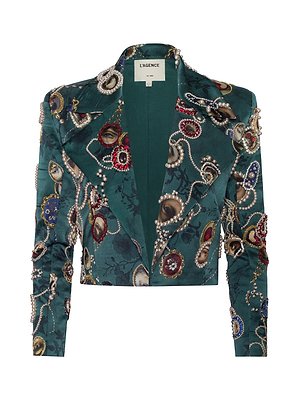 Teal blazer with intricate beadwork and embroidery on a white background