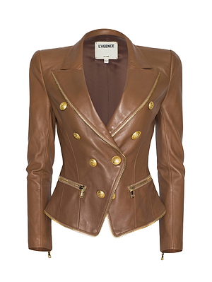 The Ottilie Leather Blazer by L’AGENCE is a fitted brown Italian leather blazer with gold buttons and zippers, a double-breasted design, and structured shoulders—ideal for power dressing.