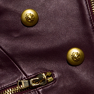 Ottilie Leather Blazer in deep burgundy with an hourglass silhouette, gold lion-head embossed buttons, and a matching gold metal zipper.