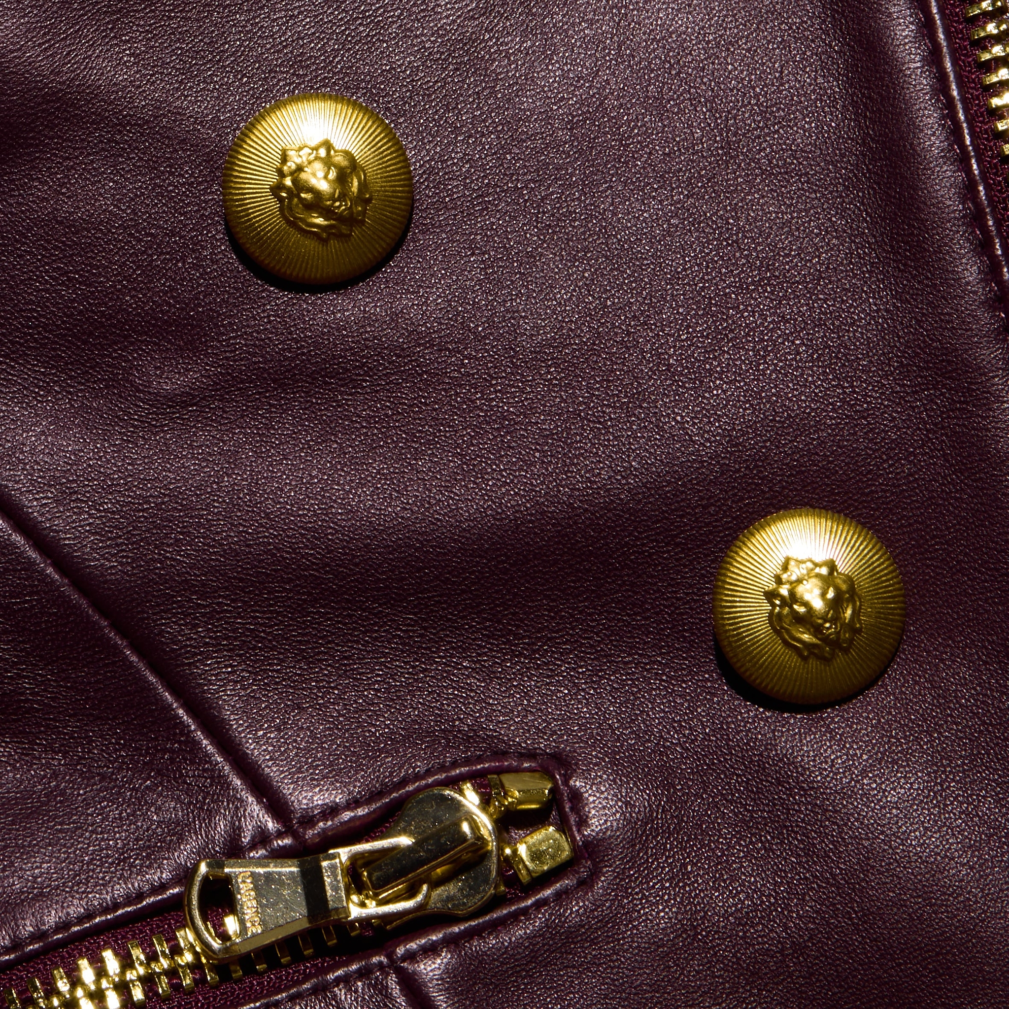 Ottilie Leather Blazer in deep burgundy with an hourglass silhouette, gold lion-head embossed buttons, and a matching gold metal zipper.