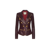 Ottilie Leather Blazer in burgundy with a double-breasted design, hourglass silhouette, gold buttons, and zippered pockets.