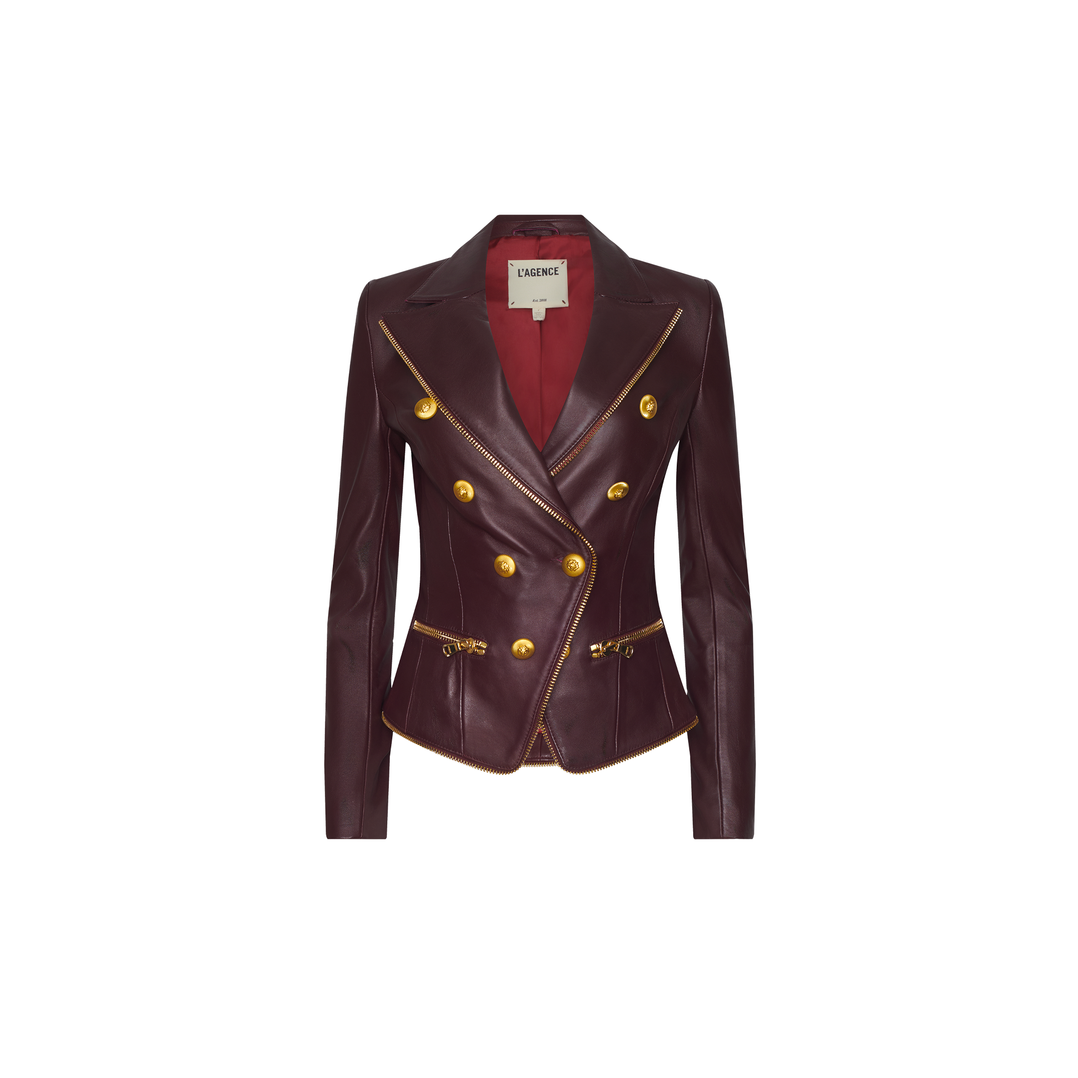 Ottilie Leather Blazer in burgundy with a double-breasted design, hourglass silhouette, gold buttons, and zippered pockets.