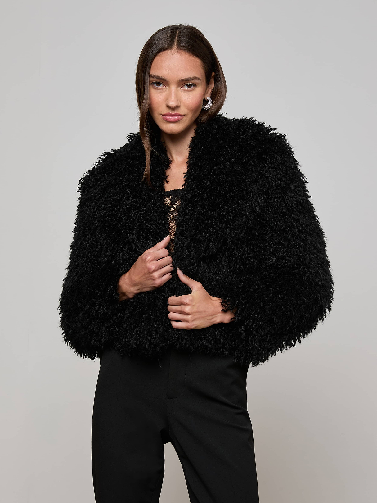 Aura Cropped Faux Fur Jacket in Black | L'AGENCE
