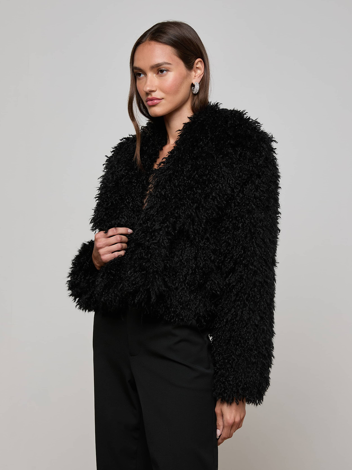 Aura Cropped Faux Fur Jacket in Black | L'AGENCE