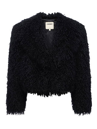 The Aura Cropped Faux Fur Jacket by L’AGENCE features soft black shag faux fur, a cropped fit, long sleeves, and a deep V neckline. Its plush, voluminous look delivers standout style.