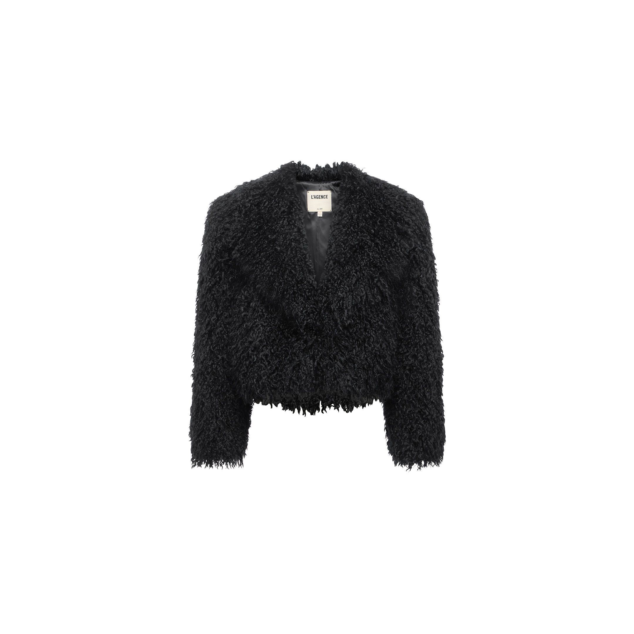 The Aura Cropped Faux Fur Jacket features a black, shag faux fur design with long sleeves and a wide collar, shown on a plain white background.