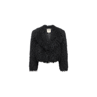 The Aura Cropped Faux Fur Jacket features a black, shag faux fur design with long sleeves and a wide collar, shown on a plain white background.