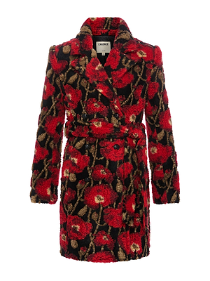 The Tristan Sherpa Midi Coat by L'AGENCE is a knee-length, belted sherpa coat with large lapels, crafted from plush Italian wool-blend and featuring a bold red poppy print. Shown on a plain white background.