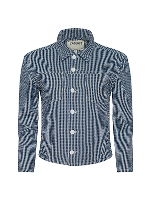 The Nelly Cropped Jacket is a blue and white vertically striped, denim-textured cotton jacket with long sleeves, white buttons, chest pockets, a pointed collar, and LAGENCE label inside the collar.